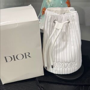 Dior White Pleated Drawstring Bucket Pouch medium Makeup